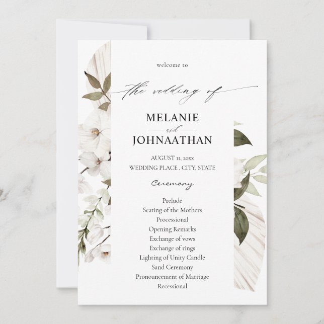 White Boho Floral Wedding Program Einladung (Vorderseite)