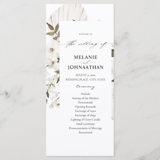 White Boho Floral Wedding Program Programm (Vorderseite)