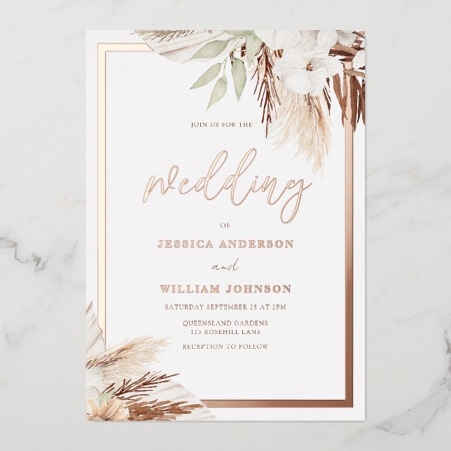 White Boho Floral Wedding Real Rose Gold Folieneinladung (Vorderseite)