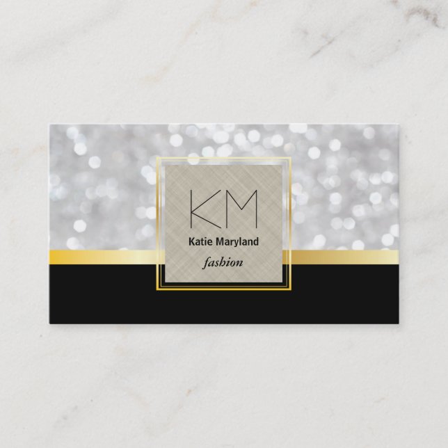 White Bokeh Golden Border Black Gold Bar Visitenkarte (Vorderseite)