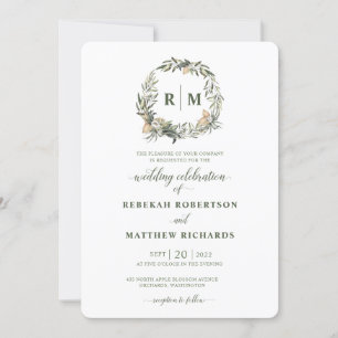 White Botanical Monogram Wedding Einladung