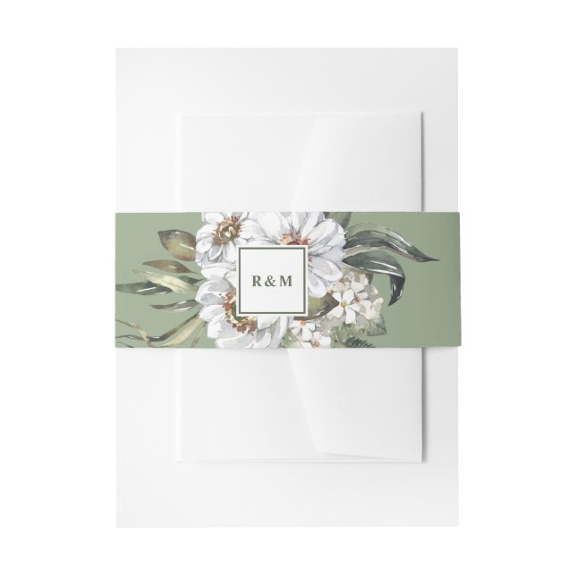 White Botanical Monogram Wedding Einladungsbanderole (Vorderseite Beispiel)