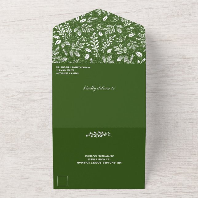 White Botanicals Green No Envelopding Hochzeit All In One Einladung (Außenbereich)