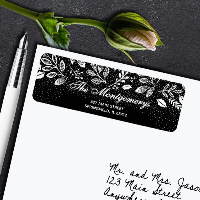 White Botanicals on Black Return Address (White botanical leaves and dots on black return address labels)