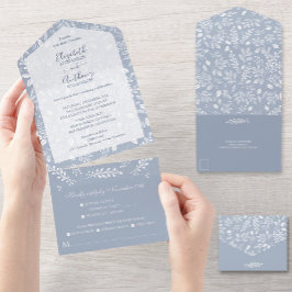 White Botanicals on Dusty Blue Wedding All In One Einladung