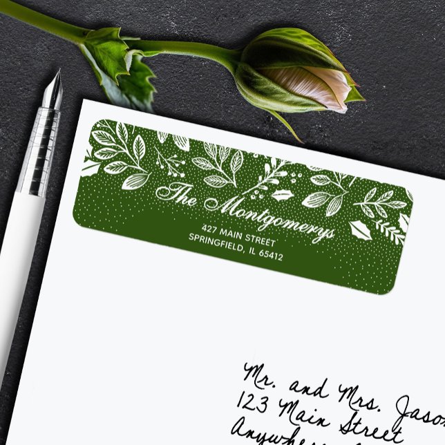 White Botanicals on Green Return Address (White botanical leaves and dots on green return address labels)