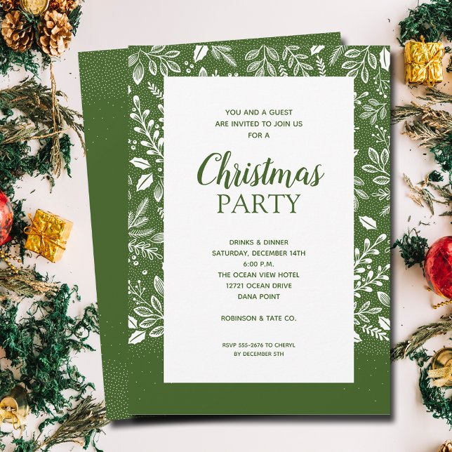 White Botanicals Weihnachtsfeiertage Einladungen (White botanicals border on green Christmas invitations, PRINTED and/or INSTANT DOWNLOAD)