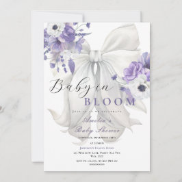 White Bow Baby in Bloom Baby Dusche Lila Einladung