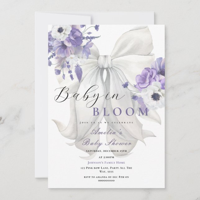 White Bow Baby in Bloom Baby Dusche Lila Einladung (Vorderseite)