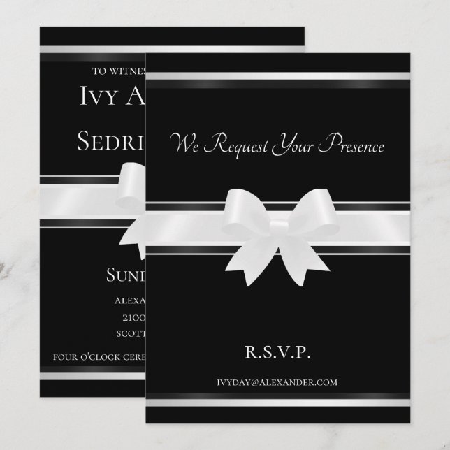 White Bow & Black Classic II Hochzeit Einladung (Vorne/Hinten)