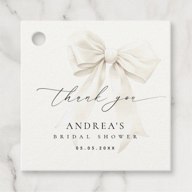 White Bow Elegantes Script Brautparty Vielen Dank Geschenkanhänger (Vorderseite)