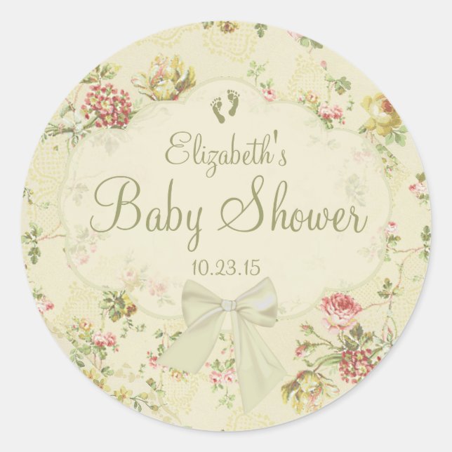 White Bow mit Baby Footprints in Floral Baby Show Runder Aufkleber (Vorderseite)