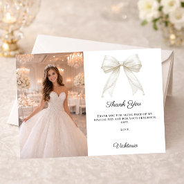 White bow photo pearls girl Quinceanera Dankeskarte