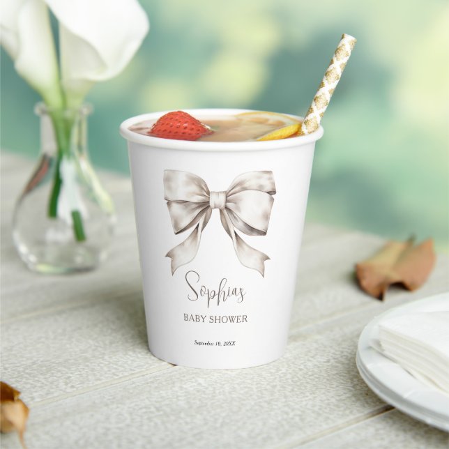 White Bow Ribbon Vintag Baby Dusche Pappbecher (In Situ)