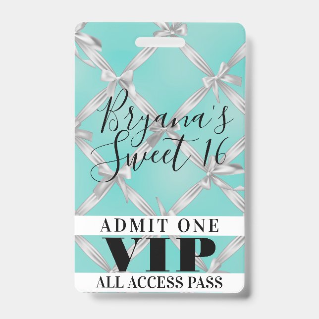 White Bows Turquoise Sweet 16 Party VIP Pass Badge (Front)