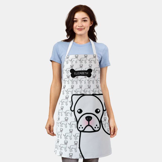 White Boxer Niedlicher Cartoon Dog & Name Schürze (Getragen)
