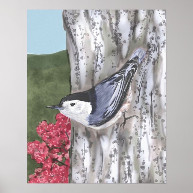 White-Breasted Nuthatch and Pink Flowers Poster (Vorne)