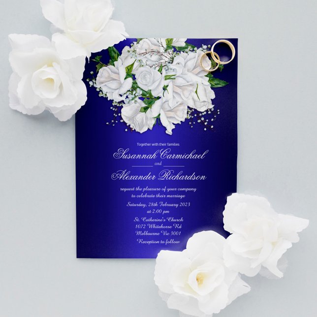 White Bridal Rose auf Dark Blue Wedite Einladung Postkarte (Von Creator hochgeladen)