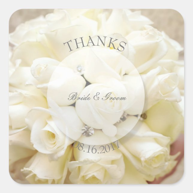 White Bridal Wedding Blumen Bouquet Quadratischer Aufkleber (Vorderseite)