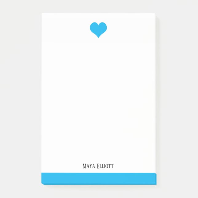White & Bright Sky Blue Heart & Border, Name Post-it Klebezettel (Vorderseite)
