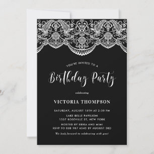 White Brocade Lace Black Birthday Party Einladung