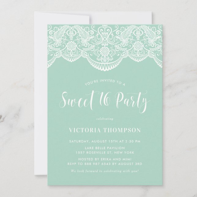 White Brocade Lace Mint Green Sweet 16 Party Einladung (Vorderseite)