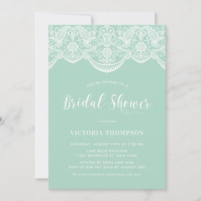 White Brocade Lace Minze Green Brautparty Einladung (Vorderseite)