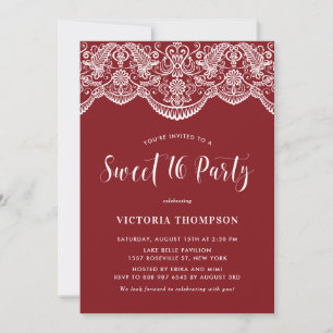 White Brocade Lace Red Sweet 16 Party Einladung