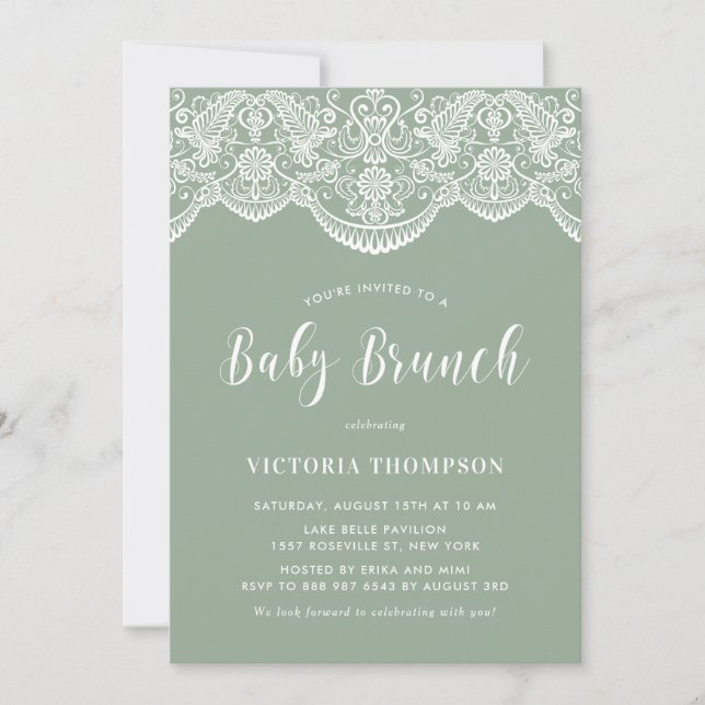 White Brocade Lace Sage Green Baby Brunch Einladung (Vorderseite)