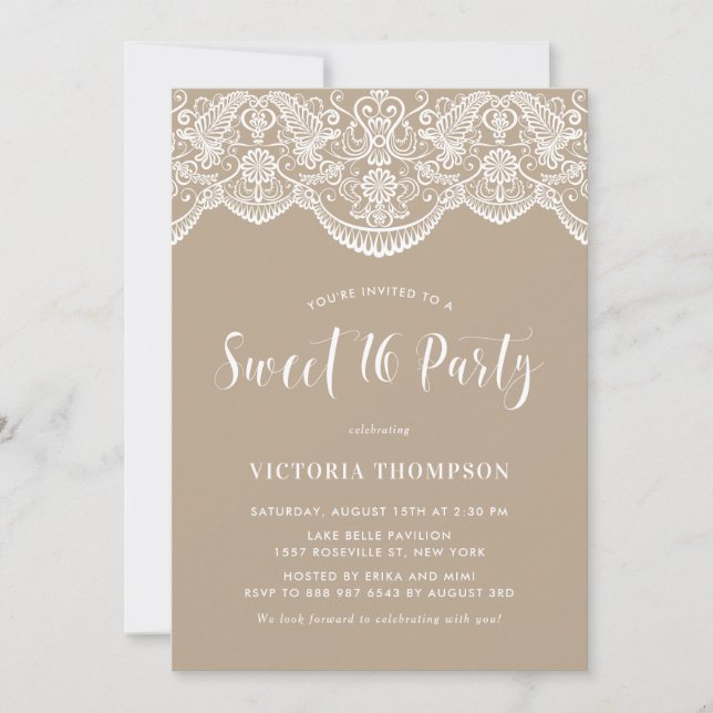 White Brocade Lace Taupe Sweet 16 Party Einladung (Vorderseite)