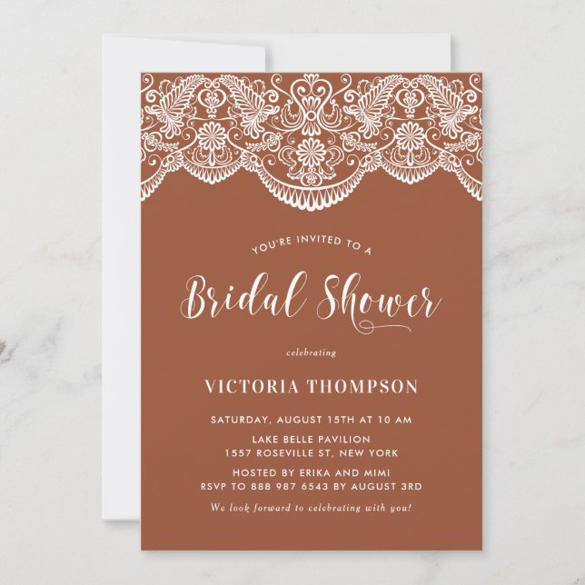 White Brocade Lace Terracotta Brautparty Einladung (Vorderseite)