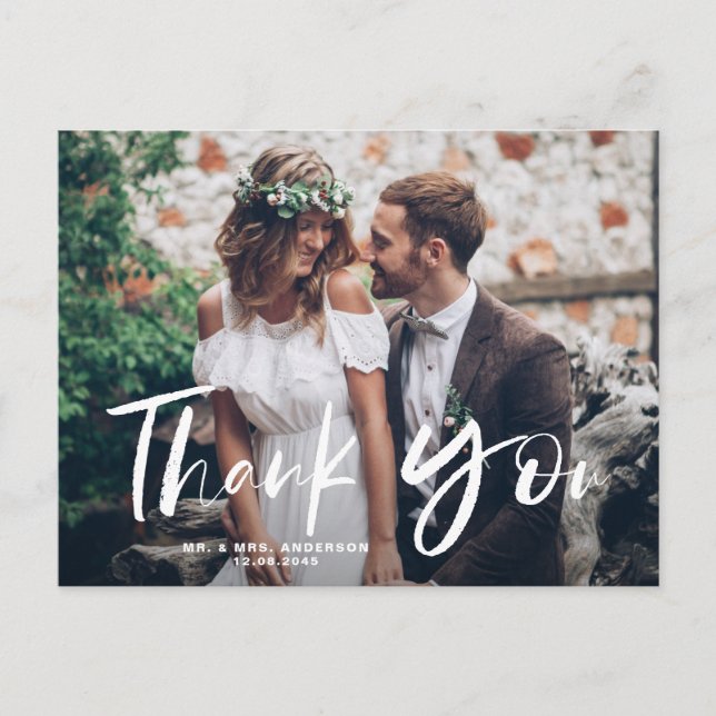 White Brush Hand Lettered Foto Wedding Danke Postkarte (Vorderseite)