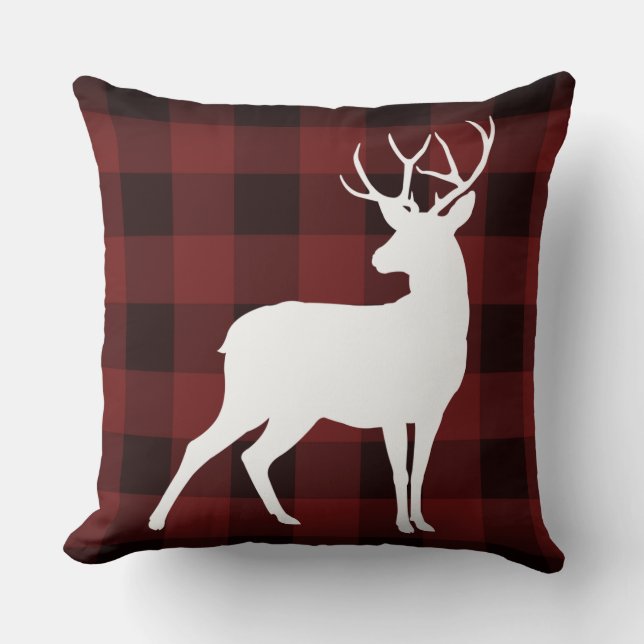 White Buck Buffalo Kariertes Muster Rustikale Weih Kissen (Vorderseite)