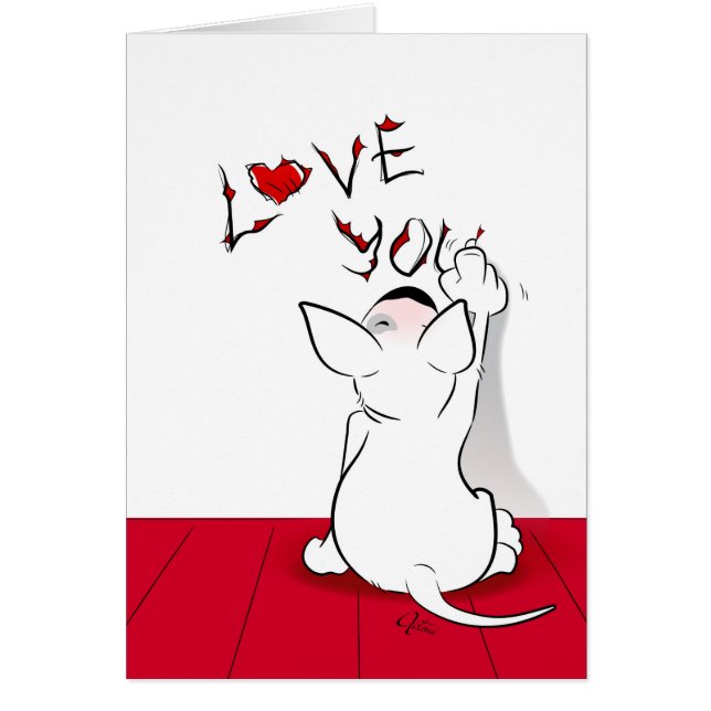 White Bull Terrier Cartoon Card "Liebe du" (Vorne)