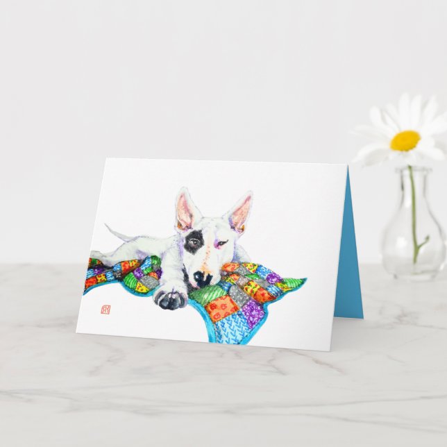 White Bullterer on Patchwork - Kunst Karte (Kleine Pflanze)