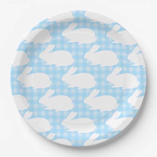 White Bunnies on Pastel Blue Gingham Pattern Pappteller (Vorderseite)