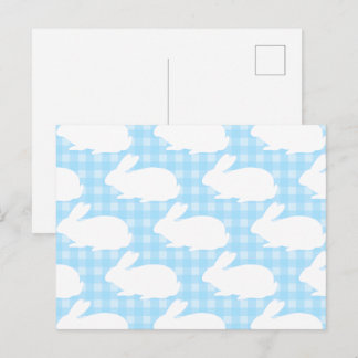 White Bunnies on Pastel Blue Gingham Pattern Postkarte