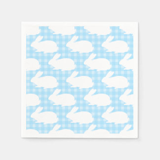 White Bunnies on Pastel Blue Gingham Pattern Serviette