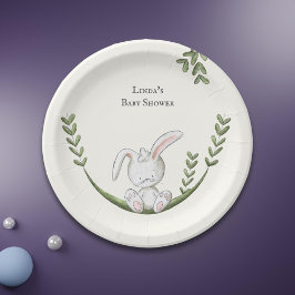White Bunny Botanical Neutral Baby Shower Pappteller