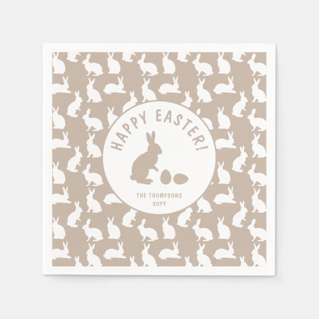 White Bunny Pattern On Beige Cute Easter Serviette (Vorderseite)