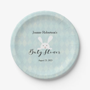 White Bunny Rabbit Babydusche Aqua Blue Raute Pappteller