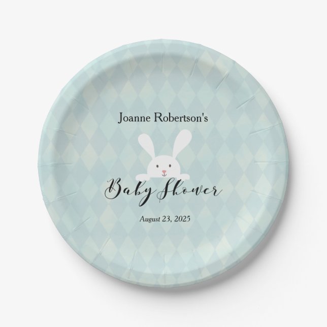 White Bunny Rabbit Babydusche | Aqua Blue Raute Pappteller (Vorderseite)