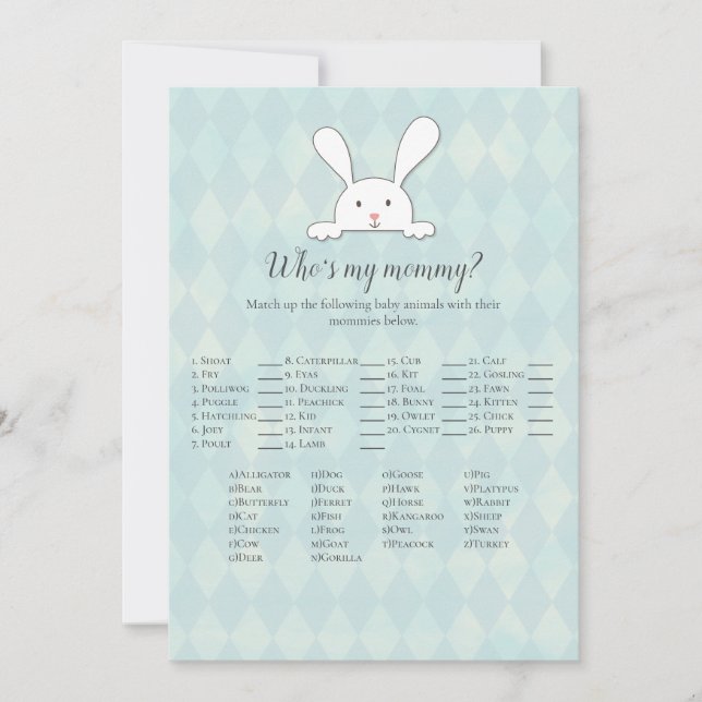White Bunny Rabbit Who is My Mommy Baby Shower Gam Einladung (Vorderseite)