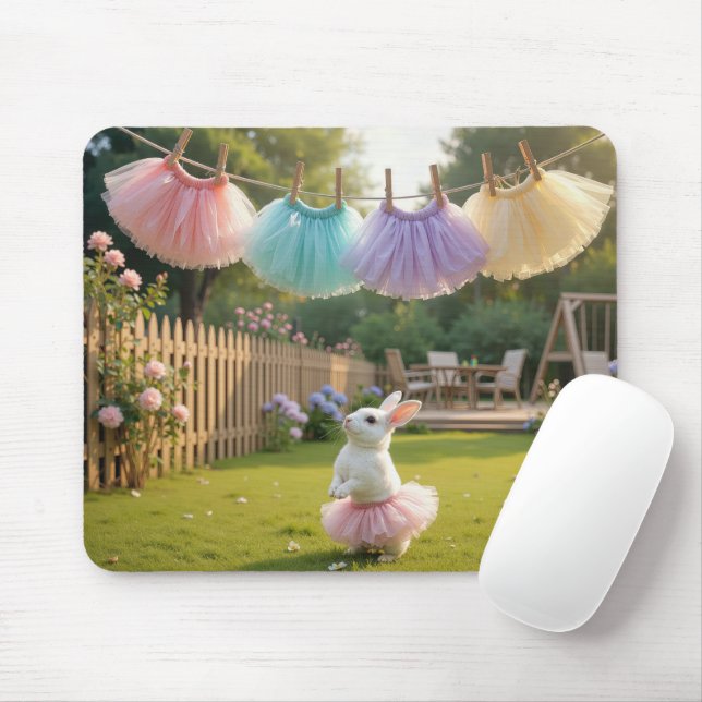 White Bunny Wearing a Pink Tutu Mousepad (Mit Mouse)
