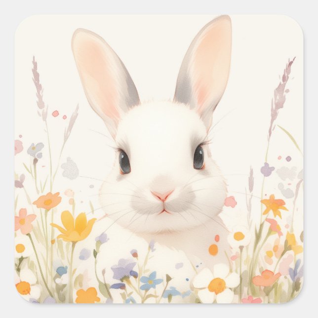White Bunny with Pink Nose in Spring Wildflower Quadratischer Aufkleber (Vorderseite)