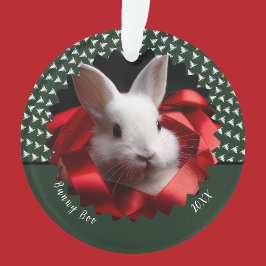 White bunny with red ribbon on green holiday  ornament