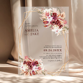 White & Burgundy Floral Gold Geometric Wedding Acryleinladungen