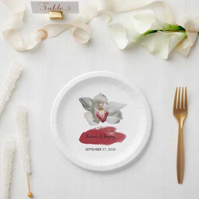 White Burgundy Orchid Wedding Pappteller (Hochzeit)