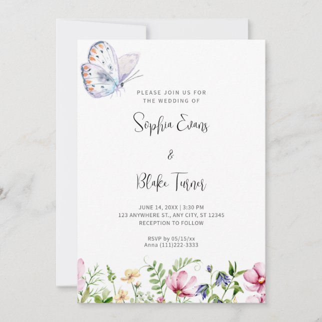 White Butterfly und Wildblumen White Wedding Einladung (Vorderseite)