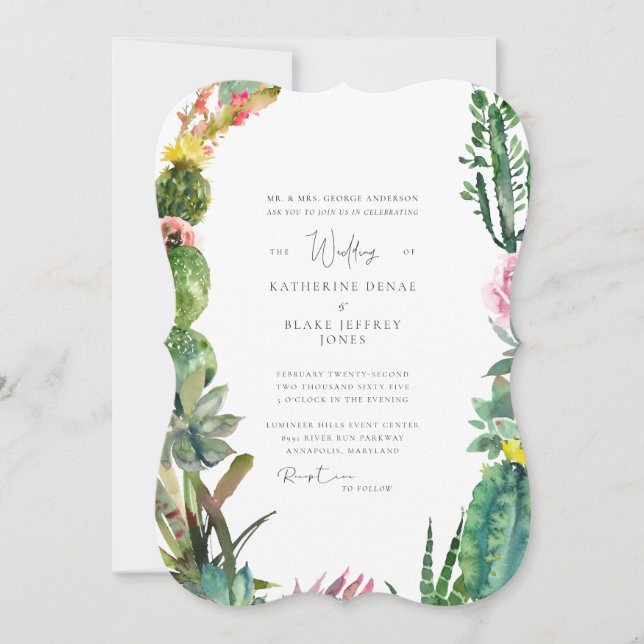 White Cactus Elegant Bride Parents Bracket Einladung (Vorderseite)